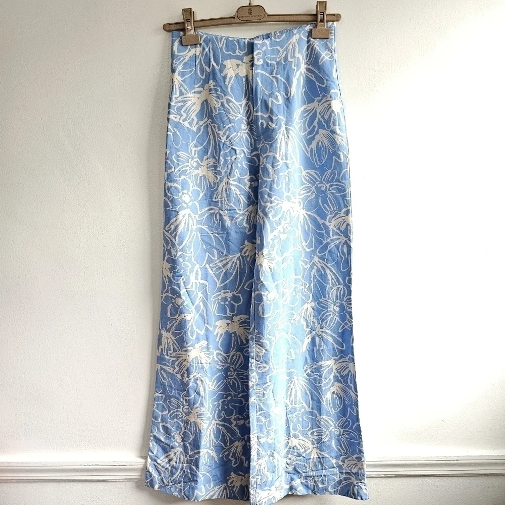 New Zara Full Length Floral Linen Blend High Waisted Blue/White Pants NWT Small